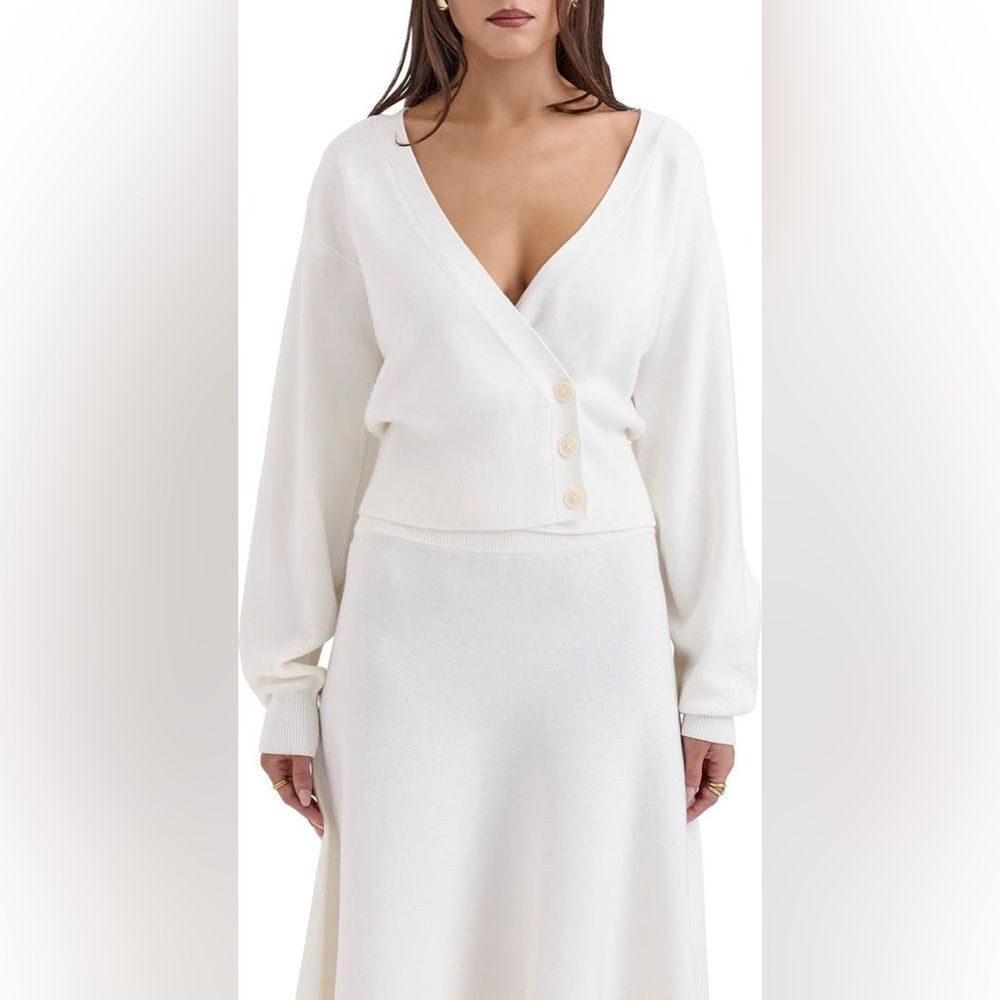 HOUSE OF CB Rowan Balloon Sleeve Cardigan 3 Button White Sweater Size Large